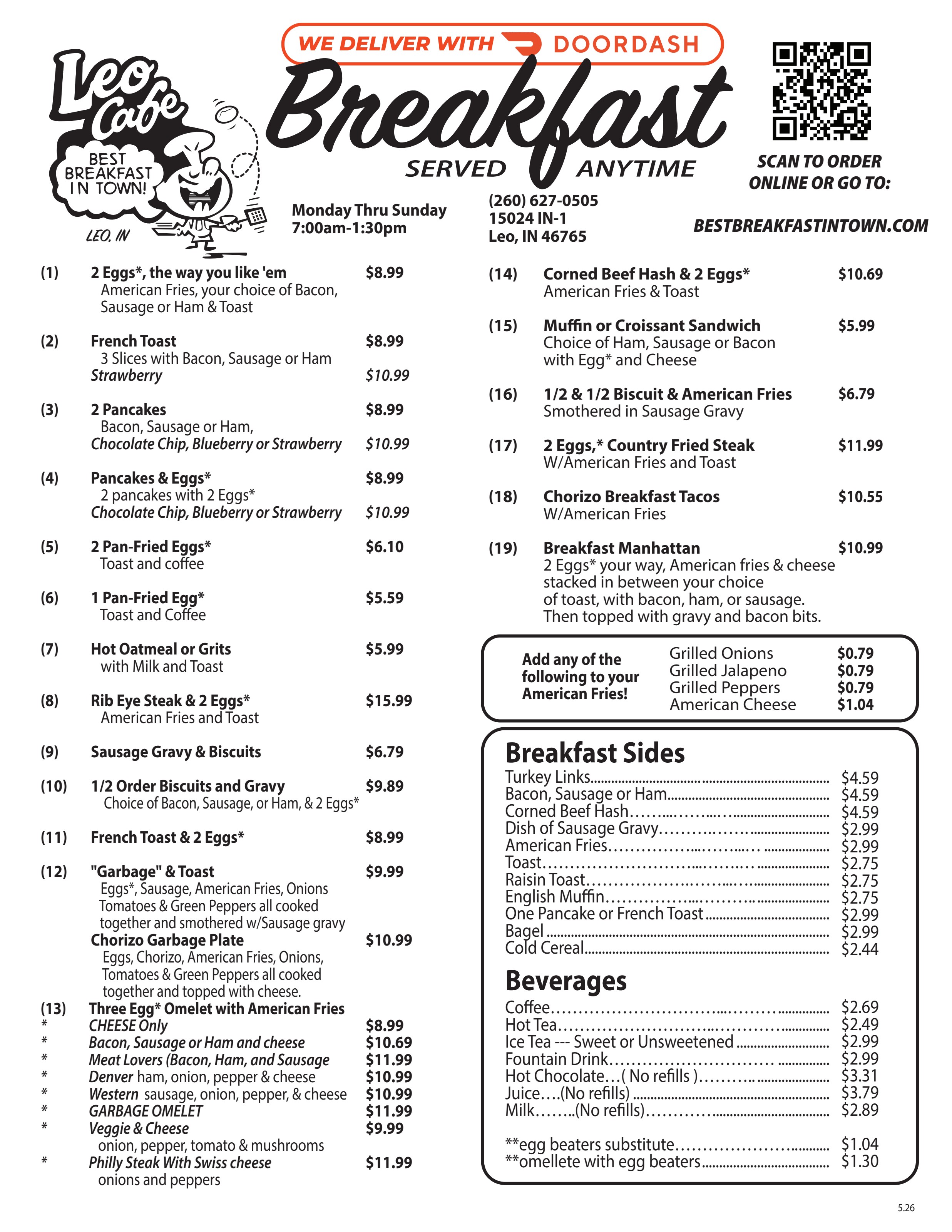 Leo Cafe breakfast menu